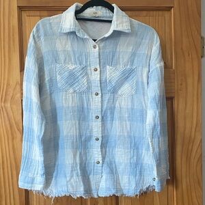 Ott Blue White Plaid Gauze Cotton Button Down Shirt Sz M Frayed Hem Coastal Boho